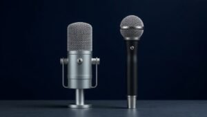 A large diaphragm condenser microphone and a dynamic handheld microphone placed side by side on a flat surface against a deep navy background. Soft directional side lighting reveals the metallic mesh grilles and body detail. Clean minimal product photography, photorealistic, 16 to 9 horizontal format, no people, no text.