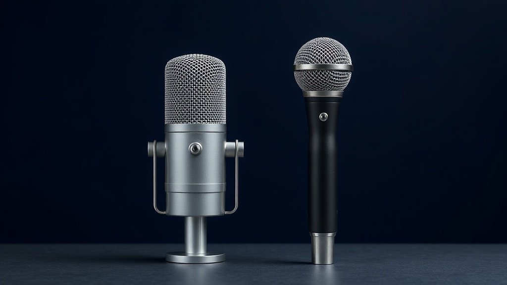 A large diaphragm condenser microphone and a dynamic handheld microphone placed side by side on a flat surface against a deep navy background. Soft directional side lighting reveals the metallic mesh grilles and body detail. Clean minimal product photography, photorealistic, 16 to 9 horizontal format, no people, no text.