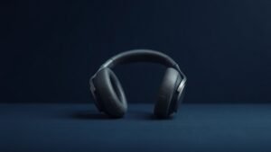 A single pair of closed-back over-ear headphones resting on a minimal studio surface against a deep navy background. Soft directional side lighting highlights the smooth earcup curves, matte headband, and padded cushions. The headphones are slightly angled to reveal both the front profile and depth of the closed earcup design. Clean shadows add subtle dimension. Sharp detail throughout.