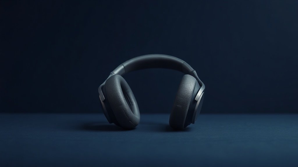 A single pair of closed-back over-ear headphones resting on a minimal studio surface against a deep navy background. Soft directional side lighting highlights the smooth earcup curves, matte headband, and padded cushions. The headphones are slightly angled to reveal both the front profile and depth of the closed earcup design. Clean shadows add subtle dimension. Sharp detail throughout.