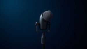 A single professional XLR dynamic microphone mounted on a low-profile desktop stand, positioned at a slight angle against a deep navy studio background. Soft directional side lighting casts gentle shadows that define the cylindrical body and metal mesh grille. The scene feels clinical and precise, with a shallow depth of field and rich tonal contrast highlighting the microphones matte black finish.