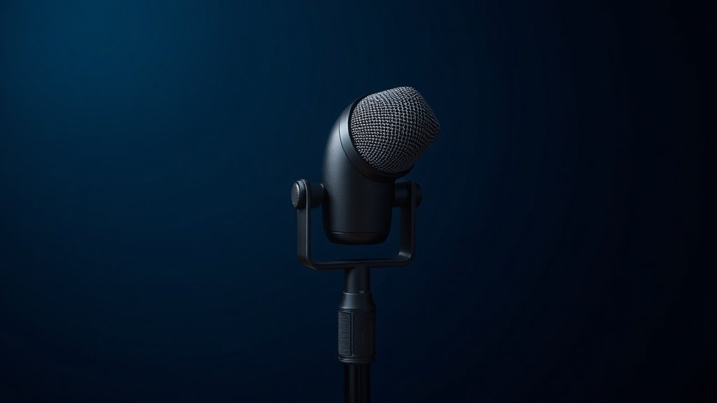 A single professional XLR dynamic microphone mounted on a low-profile desktop stand, positioned at a slight angle against a deep navy studio background. Soft directional side lighting casts gentle shadows that define the cylindrical body and metal mesh grille. The scene feels clinical and precise, with a shallow depth of field and rich tonal contrast highlighting the microphones matte black finish.