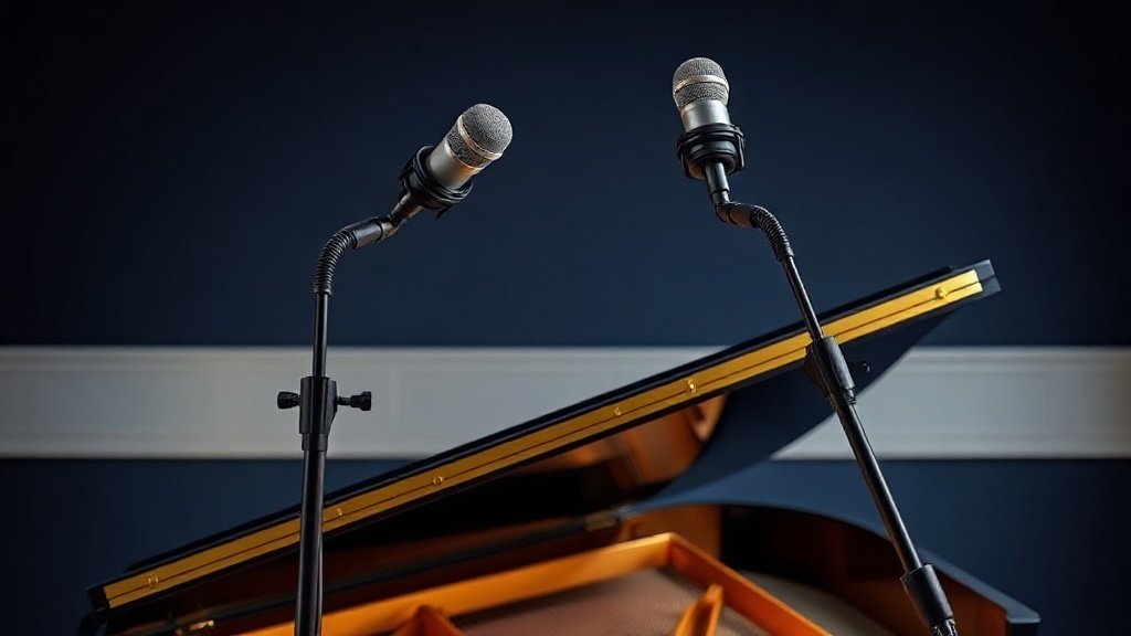 A matched pair of large diaphragm condenser microphones on adjustable boom stands positioned above the open lid of a grand piano, photographed in a clean studio environment with a deep navy background, soft directional side lighting illuminating the microphone capsules and piano strings, photorealistic, 16 by 9 horizontal format, no people, no text
