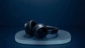 A single pair of premium over-ear headphones resting on a smooth frosted acrylic surface against a deep navy studio background. Soft directional side lighting catches the sleek cushioned ear cups and polished headband, casting a subtle shadow. The composition is clean and centered with a shallow depth of field, emphasizing the refined materials and modern industrial design of the headphones.