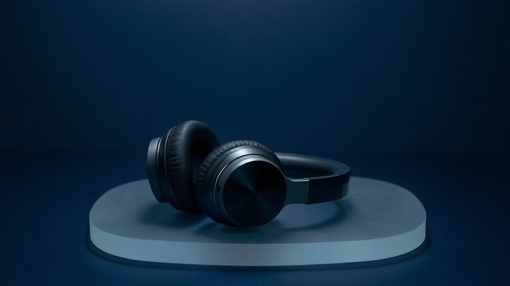 A single pair of premium over-ear headphones resting on a smooth frosted acrylic surface against a deep navy studio background. Soft directional side lighting catches the sleek cushioned ear cups and polished headband, casting a subtle shadow. The composition is clean and centered with a shallow depth of field, emphasizing the refined materials and modern industrial design of the headphones.