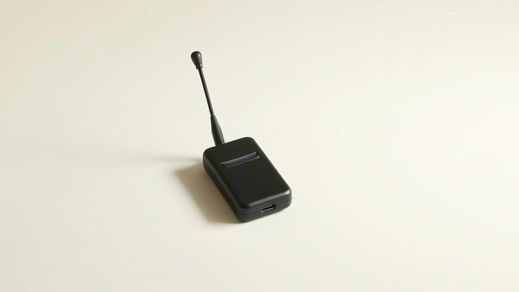 A single wireless lavalier microphone system displayed on a smooth off-white studio surface, the compact clip-on capsule resting beside its small bodypack transmitter unit. Soft directional side lighting casts gentle shadows that emphasize the sleek contours and subtle texture of the matte black finish. Clean negative space surrounds the arrangement, creating an elegant minimal composition with shallow depth of field.