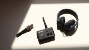 A compact portable audio interface sits on a clean off-white surface alongside a small condenser microphone and folded closed-back headphones. The arrangement is neat and deliberate, lit with soft directional side lighting that reveals the texture of each device. Deep shadows fall cleanly behind the subjects. Photorealistic, 16 by 9, no people, no text.
