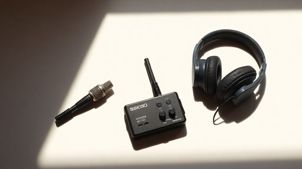 A compact portable audio interface sits on a clean off-white surface alongside a small condenser microphone and folded closed-back headphones. The arrangement is neat and deliberate, lit with soft directional side lighting that reveals the texture of each device. Deep shadows fall cleanly behind the subjects. Photorealistic, 16 by 9, no people, no text.