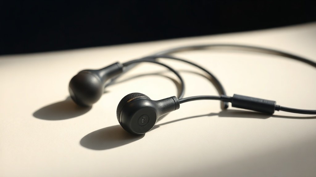 A pair of custom-moulded in-ear monitors with detachable cables resting on a clean off-white surface, shot from a slight overhead angle with soft directional side lighting, showing fine driver detail and translucent shells, photorealistic product photography, 16 by 9 horizontal format, deep navy accent in background