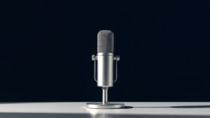 A single modern USB condenser microphone stands upright on a sleek metal desk stand against a deep navy studio background. Soft directional side lighting catches the brushed aluminum body and subtle mesh grille, casting a gentle shadow across the clean surface below. The composition is centered and minimal, emphasizing the microphones precise industrial design with rich tonal depth.