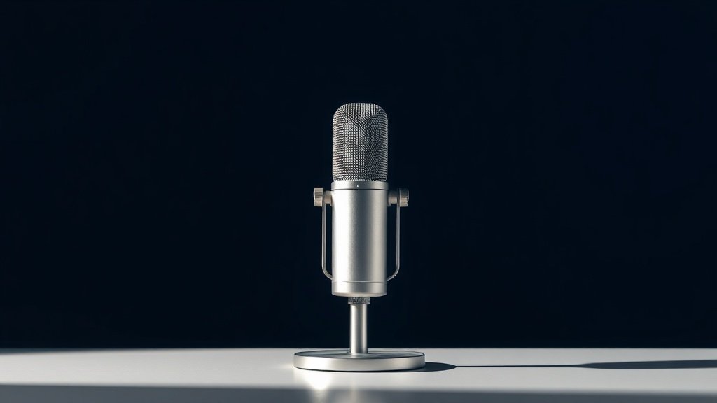 A single modern USB condenser microphone stands upright on a sleek metal desk stand against a deep navy studio background. Soft directional side lighting catches the brushed aluminum body and subtle mesh grille, casting a gentle shadow across the clean surface below. The composition is centered and minimal, emphasizing the microphones precise industrial design with rich tonal depth.