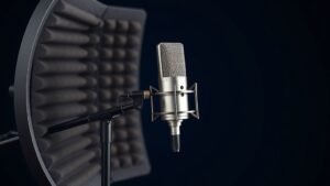 A professional studio microphone mounted on a boom arm inside a curved reflection filter, positioned against a deep navy background. The filter foam panels are visible in detail. Soft directional side lighting catches the texture of the acoustic foam and the metallic body of the microphone. Clean minimal product photography, photorealistic, 16 by 9 aspect ratio, no people, no text.