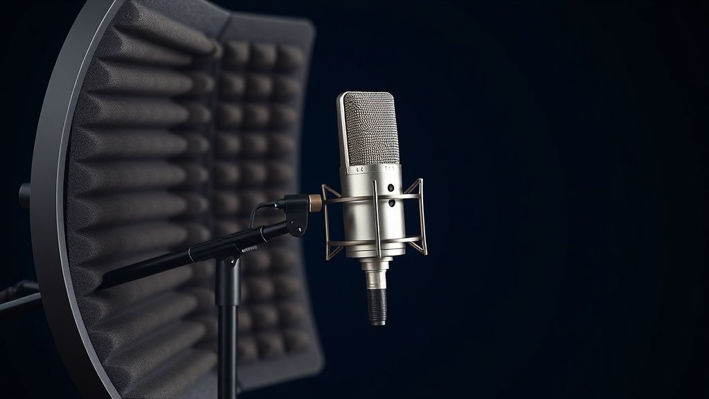 A professional studio microphone mounted on a boom arm inside a curved reflection filter, positioned against a deep navy background. The filter foam panels are visible in detail. Soft directional side lighting catches the texture of the acoustic foam and the metallic body of the microphone. Clean minimal product photography, photorealistic, 16 by 9 aspect ratio, no people, no text.