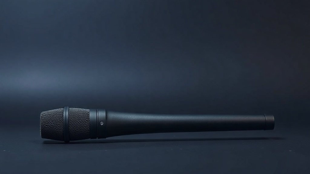 A single sleek shotgun microphone rests on a minimal studio surface, its long cylindrical barrel extending horizontally across the frame. The microphone features a matte black finish with subtle mesh detailing along the interference tube. Soft directional side lighting casts gentle shadows that emphasize the cylindrical form. The background is a smooth deep navy gradient, clean and uncluttered, giving the composition a modern professional feel.