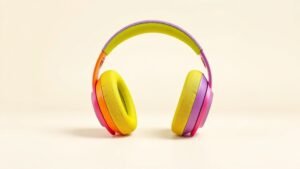 A single pair of colorful over-ear headphones designed for small heads, rendered in a clean studio environment against a soft off-white background. The headphones feature rounded cushioned ear cups in a cheerful primary color with an adjustable padded headband. Soft directional side lighting casts gentle shadows, highlighting the smooth curves and compact form. Photorealistic studio product shot, 16 by 9 horizontal format.