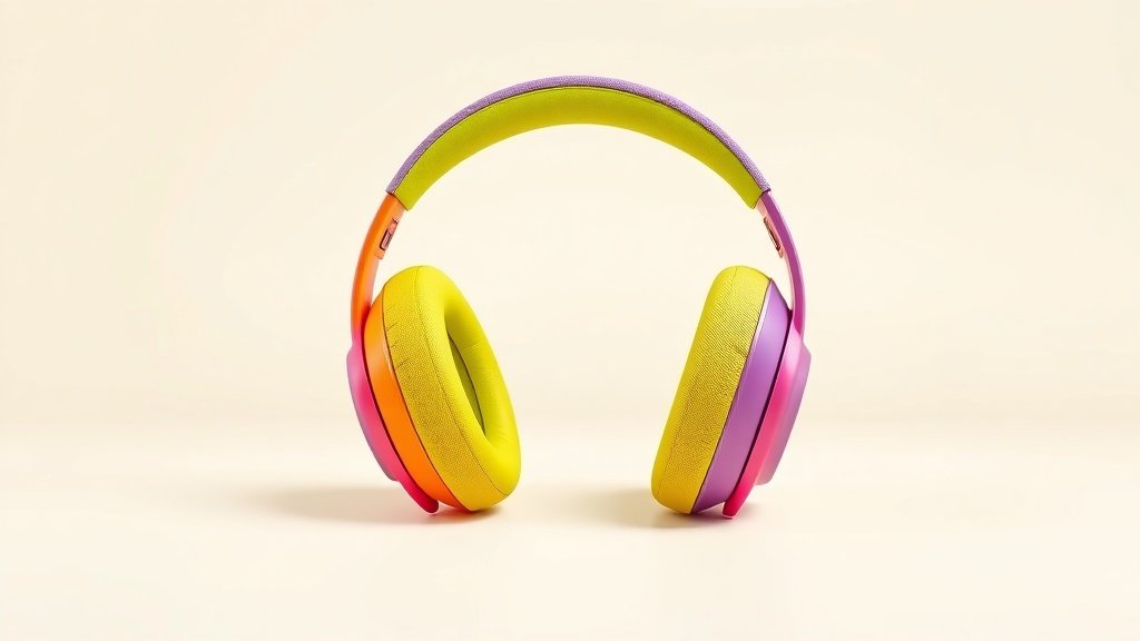 A single pair of colorful over-ear headphones designed for small heads, rendered in a clean studio environment against a soft off-white background. The headphones feature rounded cushioned ear cups in a cheerful primary color with an adjustable padded headband. Soft directional side lighting casts gentle shadows, highlighting the smooth curves and compact form. Photorealistic studio product shot, 16 by 9 horizontal format.