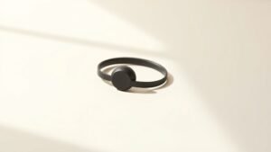 A single pair of ultra-thin low-profile sleep headphones rests on a smooth off-white surface, shot from a gentle three-quarter angle. Soft diffused side lighting casts subtle shadows that highlight the slim, lightweight form and matte finish. The composition is clean and minimal with generous negative space, conveying comfort and quiet simplicity in a serene studio environment.