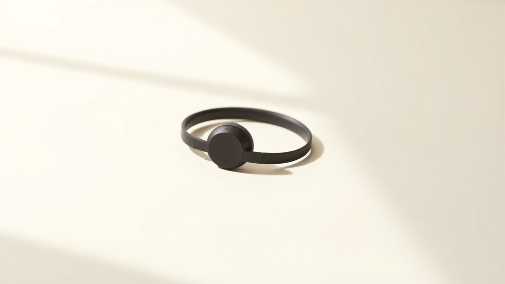 A single pair of ultra-thin low-profile sleep headphones rests on a smooth off-white surface, shot from a gentle three-quarter angle. Soft diffused side lighting casts subtle shadows that highlight the slim, lightweight form and matte finish. The composition is clean and minimal with generous negative space, conveying comfort and quiet simplicity in a serene studio environment.
