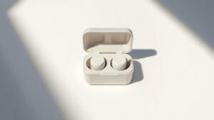 Sleek modern wireless earbuds resting inside an open charging case, both pieces centered on a smooth off-white studio surface. The case lid stands upright at a gentle angle, revealing the earbuds nestled inside. Soft diffused side lighting casts subtle shadows that define the glossy contours and premium finish. Clean minimal composition with plenty of negative space surrounding the subject.
