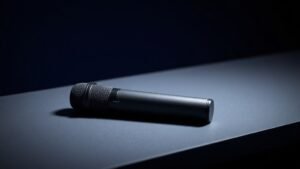 A single sleek wireless microphone system resting on a minimal studio surface, featuring a handheld transmitter with a smooth matte black finish and subtle metallic accents. Soft directional side lighting casts gentle shadows across its cylindrical form, highlighting its refined contours. The background is a deep navy gradient, clean and uncluttered, giving the composition a premium, editorial quality suited for a professional audio technology publication.