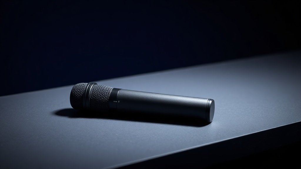 A single sleek wireless microphone system resting on a minimal studio surface, featuring a handheld transmitter with a smooth matte black finish and subtle metallic accents. Soft directional side lighting casts gentle shadows across its cylindrical form, highlighting its refined contours. The background is a deep navy gradient, clean and uncluttered, giving the composition a premium, editorial quality suited for a professional audio technology publication.