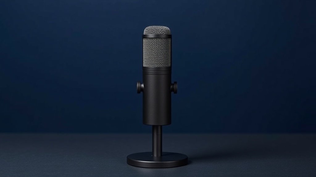 A single professional podcasting microphone stands upright on a sleek black desktop stand against a deep navy background. The microphone features a large diaphragm capsule with a fine metal mesh grille and a matte black cylindrical body. Soft diffused side lighting catches the subtle texture of the metal surface, casting a gentle shadow behind it. The composition is clean, minimal, and elegantly centered.