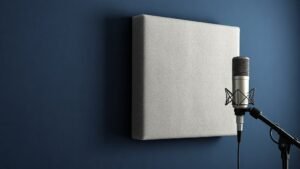 A close-up photorealistic shot of a thick grey acoustic foam panel mounted on a deep navy wall next to a professional condenser microphone on a desk stand, soft warm side lighting from the left, clean minimal background, no people, no text, 16 by 9 horizontal format
