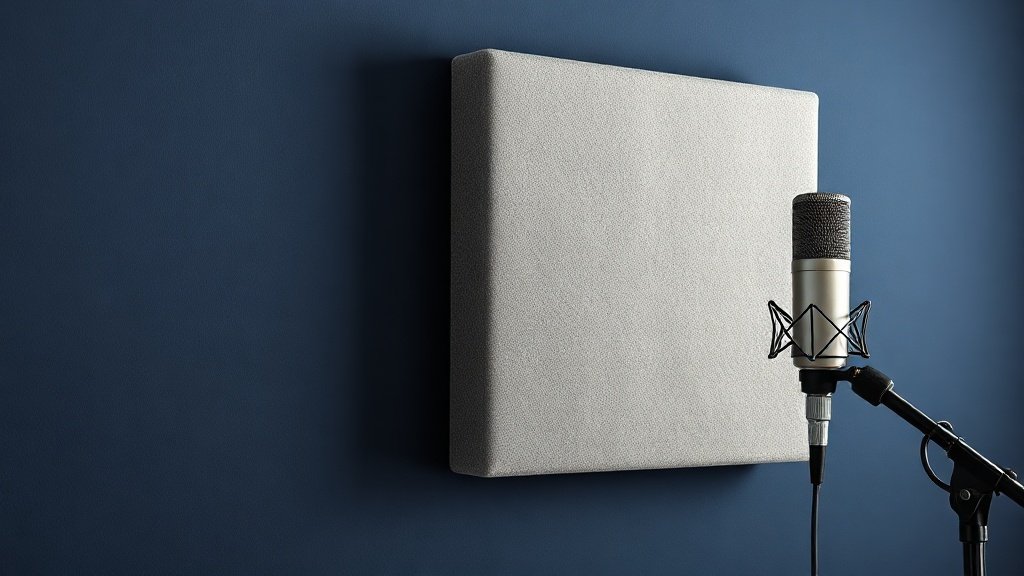 A close-up photorealistic shot of a thick grey acoustic foam panel mounted on a deep navy wall next to a professional condenser microphone on a desk stand, soft warm side lighting from the left, clean minimal background, no people, no text, 16 by 9 horizontal format