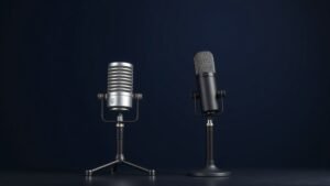 A large diaphragm condenser microphone and a dynamic microphone positioned side by side on separate desktop stands against a deep navy background. Soft directional side lighting reveals the capsule grilles and body detail. Clean minimal studio aesthetic. Photorealistic 16 by 9 horizontal composition. No people. No text.