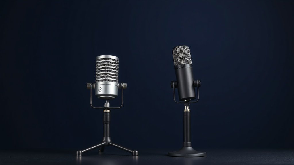 A large diaphragm condenser microphone and a dynamic microphone positioned side by side on separate desktop stands against a deep navy background. Soft directional side lighting reveals the capsule grilles and body detail. Clean minimal studio aesthetic. Photorealistic 16 by 9 horizontal composition. No people. No text.