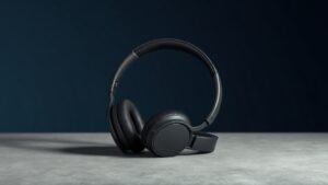 A single pair of premium over-ear wireless headphones resting on a minimal concrete surface, cushioned earcups facing slightly outward, headband arching gracefully overhead. Shot in a clean studio environment with a deep navy background. Soft diffused side lighting catches the smooth matte finish and subtle metallic accents, casting a gentle shadow beneath. Elegant, refined, and professionally composed.