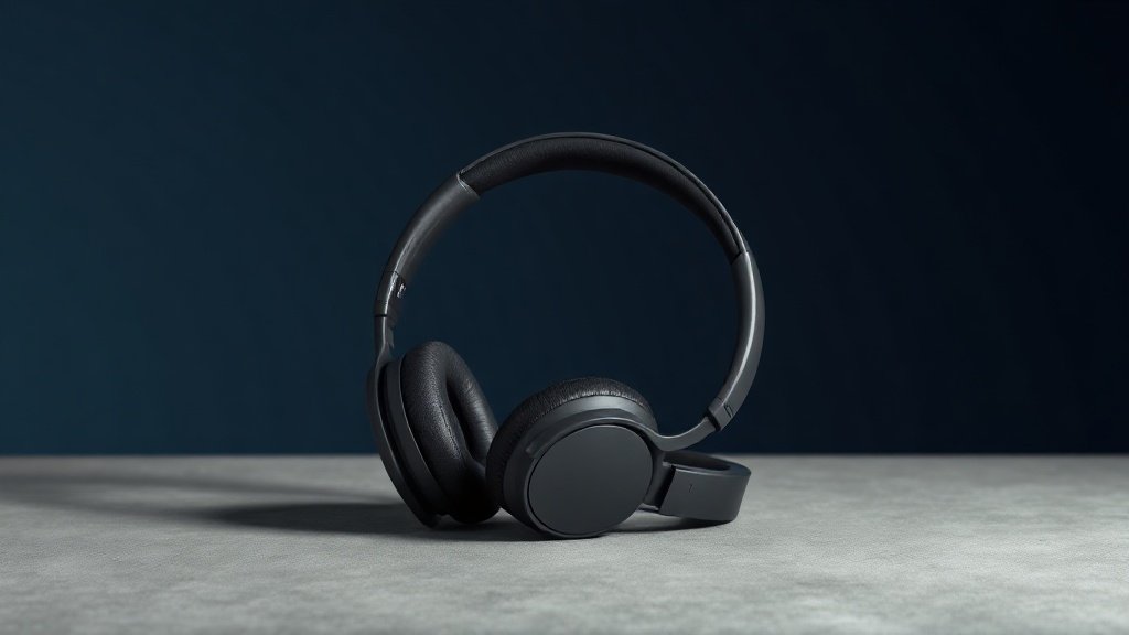 A single pair of premium over-ear wireless headphones resting on a minimal concrete surface, cushioned earcups facing slightly outward, headband arching gracefully overhead. Shot in a clean studio environment with a deep navy background. Soft diffused side lighting catches the smooth matte finish and subtle metallic accents, casting a gentle shadow beneath. Elegant, refined, and professionally composed.