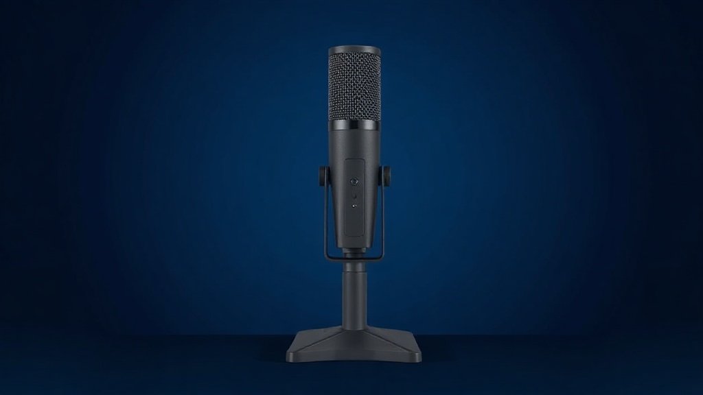 A single sleek USB condenser gaming microphone stands upright on a compact desktop stand, centered against a clean deep navy background. Soft directional studio lighting from the left catches the polished metallic mesh grille and matte black body, casting a subtle gradient shadow to the right. The composition is minimal and sharp, with rich tonal contrast highlighting the microphones modern angular form.