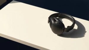 A pair of large over-ear audiophile headphones resting on a clean off-white surface, shot from a slight angle with soft directional side lighting, deep navy background gradient visible at the edges, photorealistic product photography, no people, no text, no hands, crisp shadow detail, 16 by 9 horizontal orientation