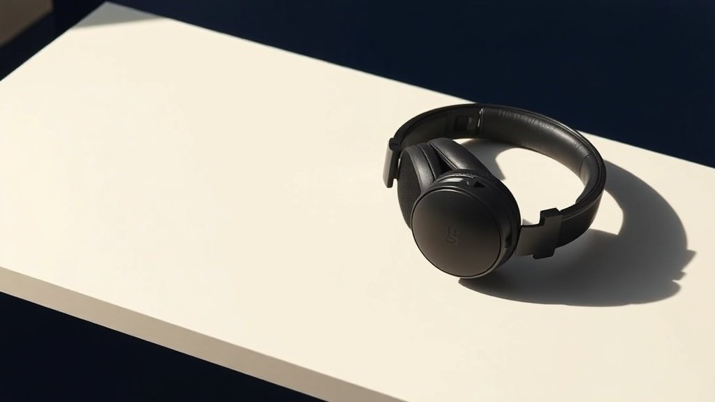 A pair of large over-ear audiophile headphones resting on a clean off-white surface, shot from a slight angle with soft directional side lighting, deep navy background gradient visible at the edges, photorealistic product photography, no people, no text, no hands, crisp shadow detail, 16 by 9 horizontal orientation