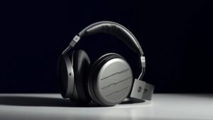 A pair of professional over-ear studio monitor headphones resting on a clean studio desk surface against a deep navy background. The headphones are large circumaural design with visible ear cup padding and an extended headband. Soft side lighting from the left creates subtle shadow detail. Photorealistic product photography with no text or people. 16 by 9 horizontal composition.