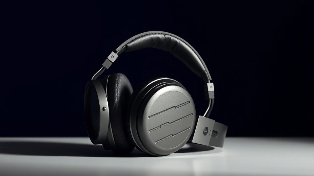 A pair of professional over-ear studio monitor headphones resting on a clean studio desk surface against a deep navy background. The headphones are large circumaural design with visible ear cup padding and an extended headband. Soft side lighting from the left creates subtle shadow detail. Photorealistic product photography with no text or people. 16 by 9 horizontal composition.
