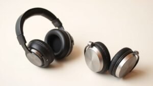 Two pairs of over-ear audiophile headphones placed side by side on a clean off-white surface, one open-back with visible grille and one closed-back with sealed cups, soft directional side lighting, photorealistic studio product photography, 16 by 9 horizontal composition, deep neutral background, no people, no text