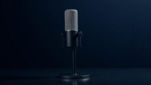 A single large-diaphragm condenser microphone stands upright on a sleek black desktop stand against a deep navy background. Soft directional side lighting catches the metallic mesh grille and polished body, casting a subtle gradient shadow across the surface beneath. The composition is clean and centered, with rich tonal depth and a sharp photorealistic finish suggesting professional studio quality.