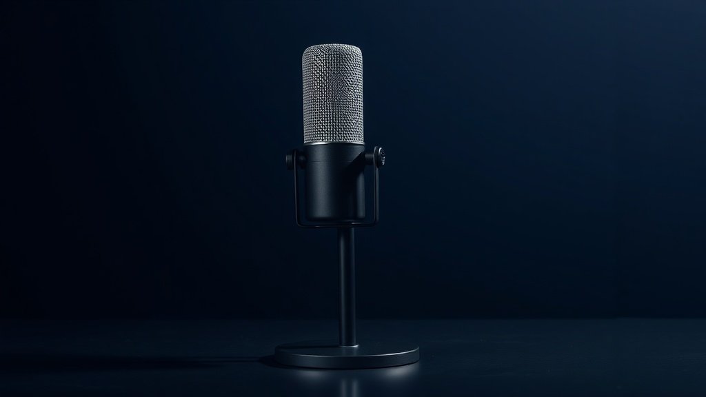 A single large-diaphragm condenser microphone stands upright on a sleek black desktop stand against a deep navy background. Soft directional side lighting catches the metallic mesh grille and polished body, casting a subtle gradient shadow across the surface beneath. The composition is clean and centered, with rich tonal depth and a sharp photorealistic finish suggesting professional studio quality.