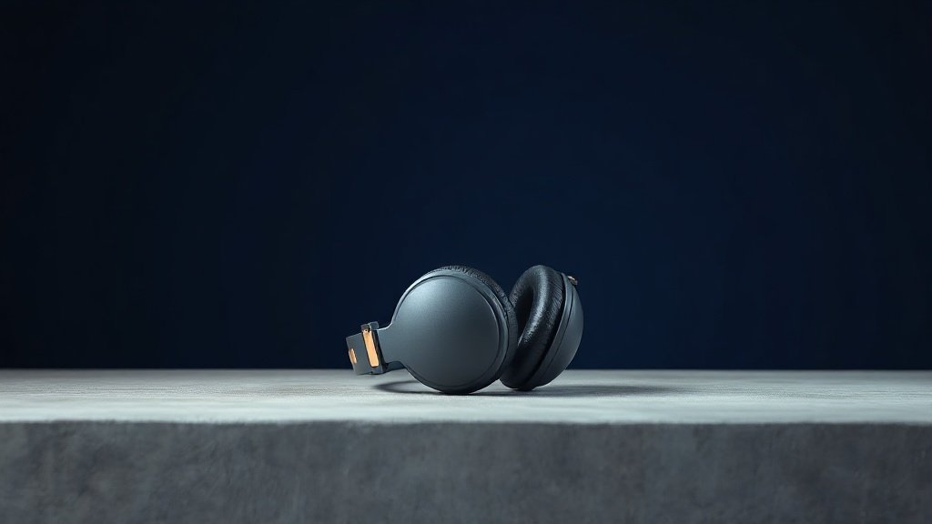 A single pair of premium over-ear wireless headphones resting on a minimal concrete surface against a deep navy studio background. Soft directional side lighting catches the smooth matte curves of the earcups and polished headband, casting a gentle shadow. The composition is centered and balanced, emphasizing clean industrial design with rich tonal contrast and crisp photorealistic detail throughout.