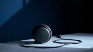 A single pair of closed-back over-ear studio headphones resting on a minimal surface against a deep navy background. Soft directional side lighting catches the smooth matte earcup housing and brushed metal headband adjustment sliders, casting a gentle shadow that adds depth. The coiled cable drapes naturally beside the headphones. Clean, precise, professional studio atmosphere with rich tonal contrast.
