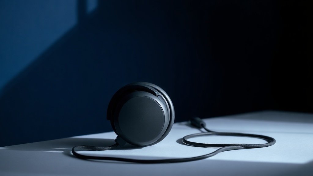 A single pair of closed-back over-ear studio headphones resting on a minimal surface against a deep navy background. Soft directional side lighting catches the smooth matte earcup housing and brushed metal headband adjustment sliders, casting a gentle shadow that adds depth. The coiled cable drapes naturally beside the headphones. Clean, precise, professional studio atmosphere with rich tonal contrast.