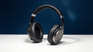A single pair of premium over-ear headphones resting upright on a minimal white surface against a deep navy background. Soft directional studio lighting catches the sleek contours of the padded ear cups and polished metal headband, casting a gentle shadow beneath. The composition is clean and centered, emphasizing refined craftsmanship and understated elegance in a modern product photography style.