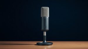 A single USB condenser microphone stands upright on a compact desktop stand, centered against a deep navy background. Soft diffused side lighting catches the metallic mesh grille and smooth cylindrical body, casting a gentle shadow to one side. The surface beneath reflects a faint sheen, suggesting a polished studio table. The composition is clean, minimal, and sharply focused with rich tonal depth.