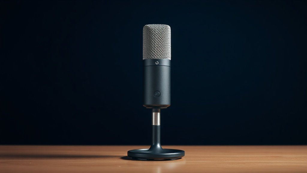 A single USB condenser microphone stands upright on a compact desktop stand, centered against a deep navy background. Soft diffused side lighting catches the metallic mesh grille and smooth cylindrical body, casting a gentle shadow to one side. The surface beneath reflects a faint sheen, suggesting a polished studio table. The composition is clean, minimal, and sharply focused with rich tonal depth.