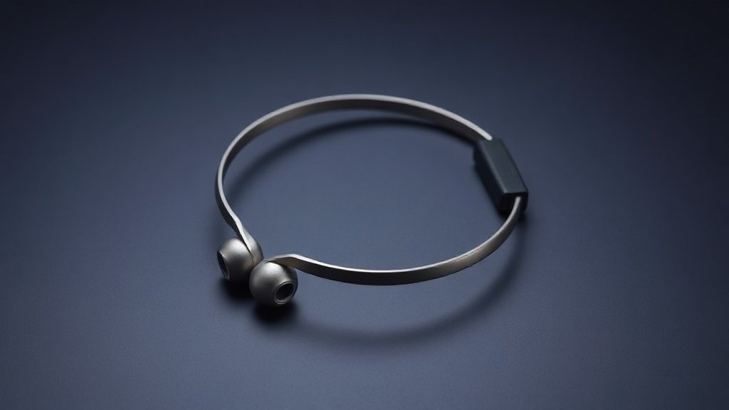 A single pair of bone conduction headphones resting on a smooth matte surface against a deep navy background. The open-ear titanium wraparound band curves elegantly, with small transducer pads visible at each end. Soft directional side lighting catches the metallic sheen and subtle texture of the frame, casting a gentle shadow that grounds the minimal composition.