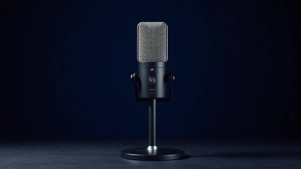 A single professional XLR microphone stands upright on a sleek desktop stand against a deep navy studio background. Soft directional side lighting catches the metallic mesh grille and polished body, casting a gentle shadow to one side. The microphone has a classic large-diaphragm capsule design with a matte black finish and subtle silver accents, giving the scene a clean, premium, editorial quality.