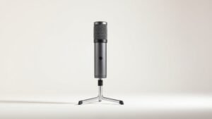 A single sleek USB condenser microphone stands upright on a minimal desktop mic stand, positioned slightly off-center against a clean off-white studio background. Soft directional side lighting casts gentle shadows that accentuate the microphones cylindrical body and metallic mesh grille. The surface finish reflects subtle studio light, giving the product a premium, polished appearance. Crisp focus, shallow depth of field, photorealistic product photography aesthetic.
