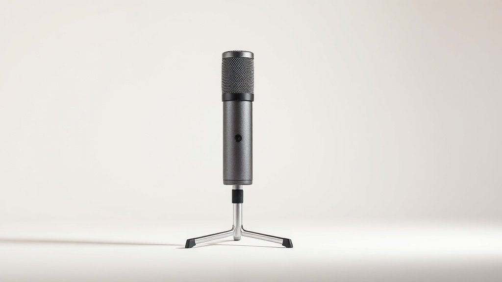 A single sleek USB condenser microphone stands upright on a minimal desktop mic stand, positioned slightly off-center against a clean off-white studio background. Soft directional side lighting casts gentle shadows that accentuate the microphones cylindrical body and metallic mesh grille. The surface finish reflects subtle studio light, giving the product a premium, polished appearance. Crisp focus, shallow depth of field, photorealistic product photography aesthetic.